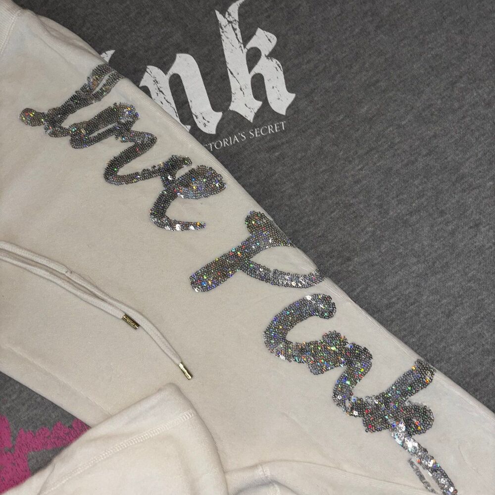 Rare VS PINK White Velour Velvet Holographic Sequin Bling Matching Outfit Set XS - Picture 5 of 13